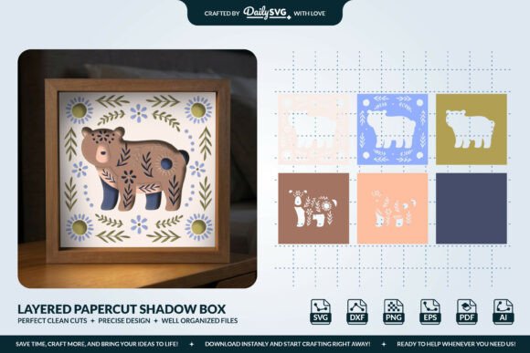 3D Bear Folk Art Shadow Box SVG