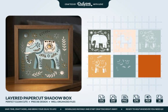 3D Elephant Folk Art SVG Shadow Box