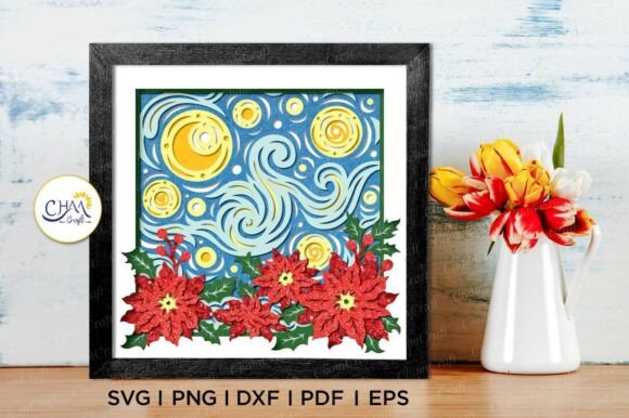 3D Stary Night Poinsettia Shadow Box SVG