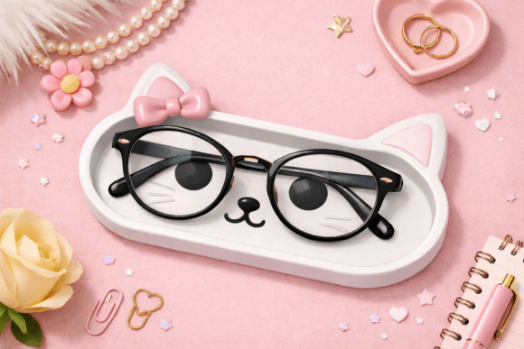 Cute Cat Glasses Holder Tray STL 3D Model Easy 3D Printing